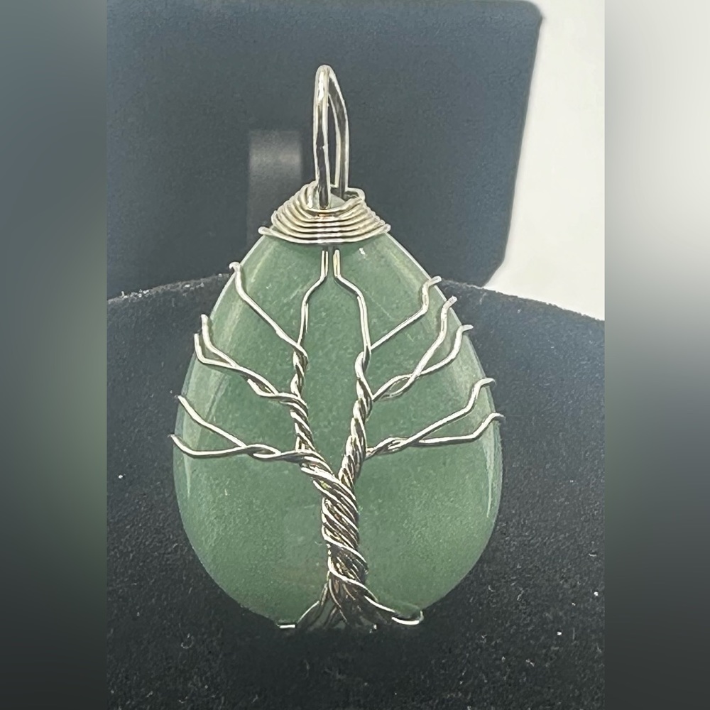 Green Aventurine Pendant w Wire Wrap Tree of Life